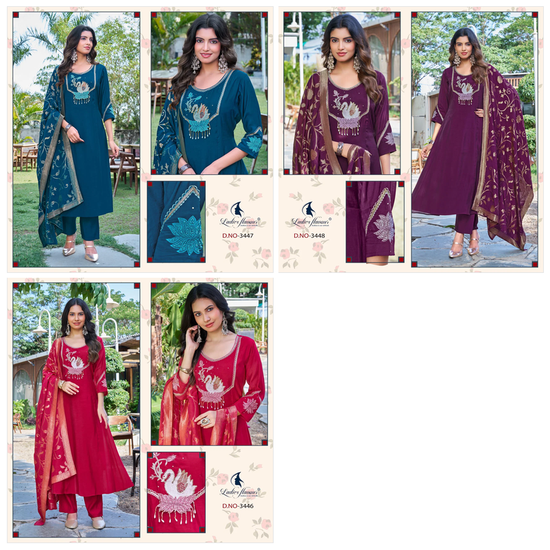 Ladies Flavour 3446 To 3348 Mul Chanderi Embroidered Kurti Pant Dupatta Set - Amrah Wholesale