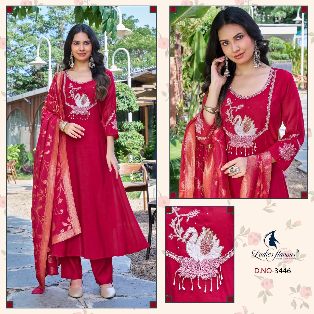 Ladies Flavour 3446 To 3348 Mul Chanderi Embroidered Kurti Pant Dupatta Set - Amrah Wholesale