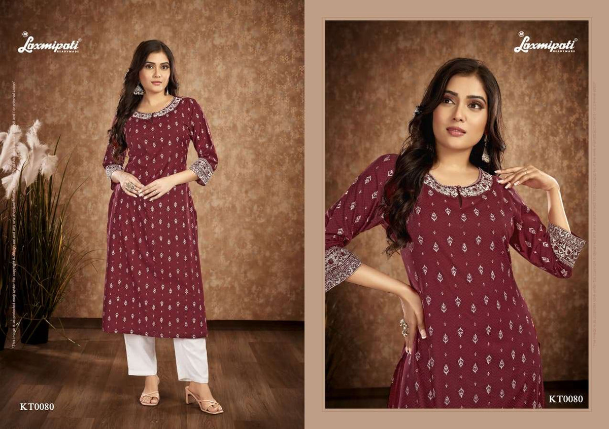 Laxmipati Tamanna Spun Base Handprinted Embroidered Kurti - Amrah Wholesale