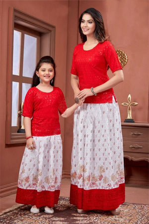 Lovely 01 Mother Daughter Combo Rayon Kurti With Skirt Collection