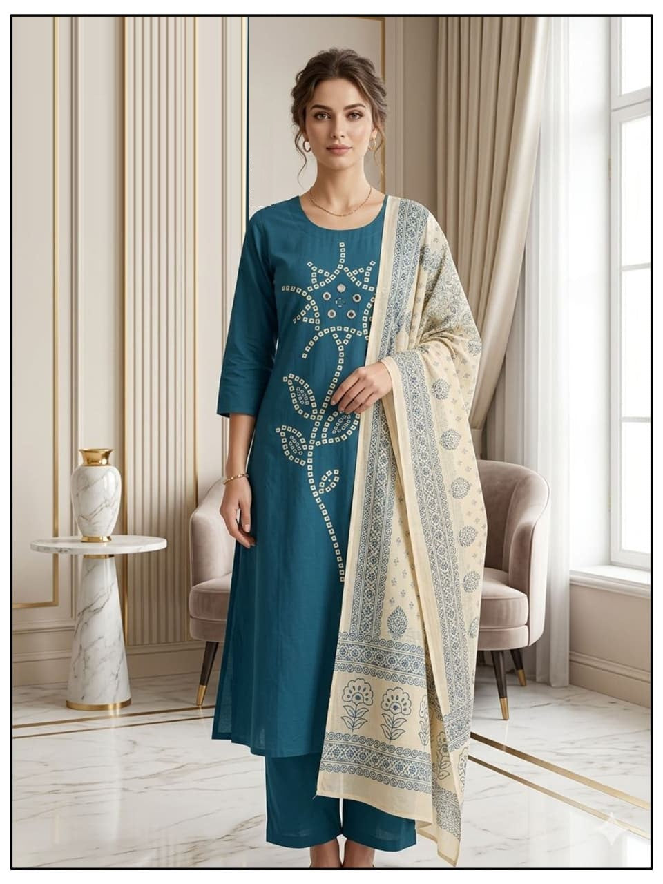 LRC 02 Dhabu Cotton Manual Work Kurti Pant Dupatta Set