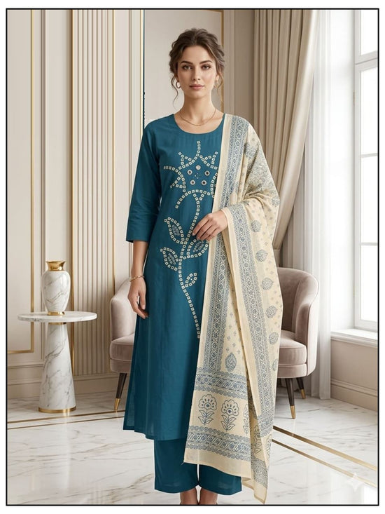LRC 02 Dhabu Cotton Manual Work Kurti Pant Dupatta Set