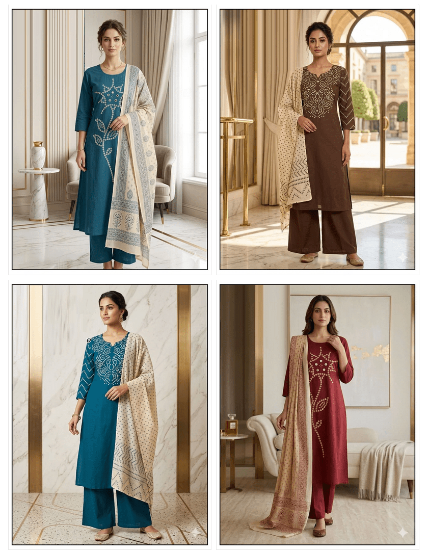 LRC 02 Dhabu Cotton Manual Work Kurti Pant Dupatta Set - Amrah Wholesale