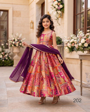 Lucaya Kids Vol 2 Silk Digital Printed Flare Gown with Organza Dupatta - Amrah Wholesale