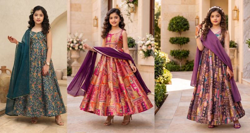 Lucaya Kids Vol 2 Silk Digital Printed Flare Gown with Organza Dupatta