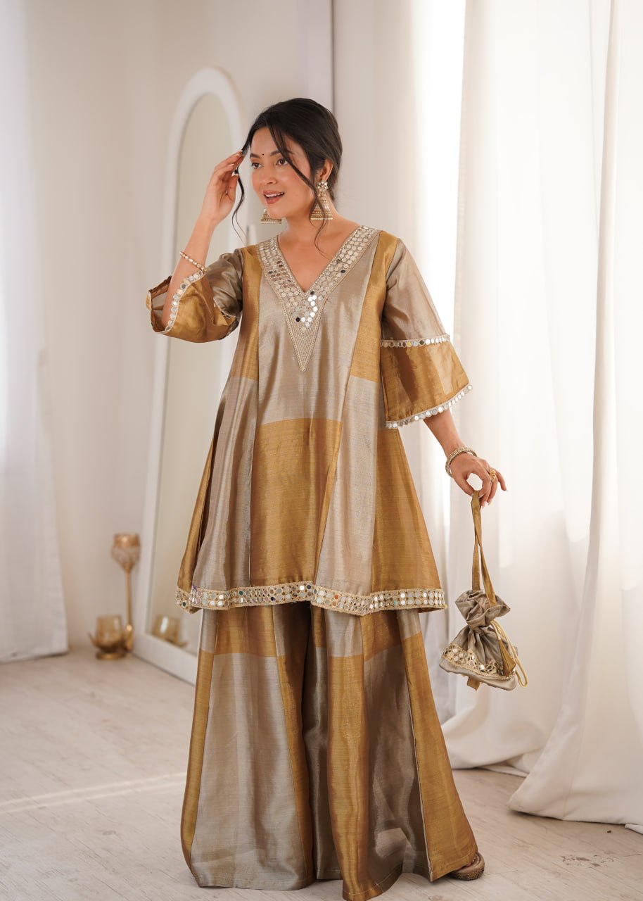 Lw 9330 Two Tone Tissue Embroidered Kurti Pant Set With Batwa