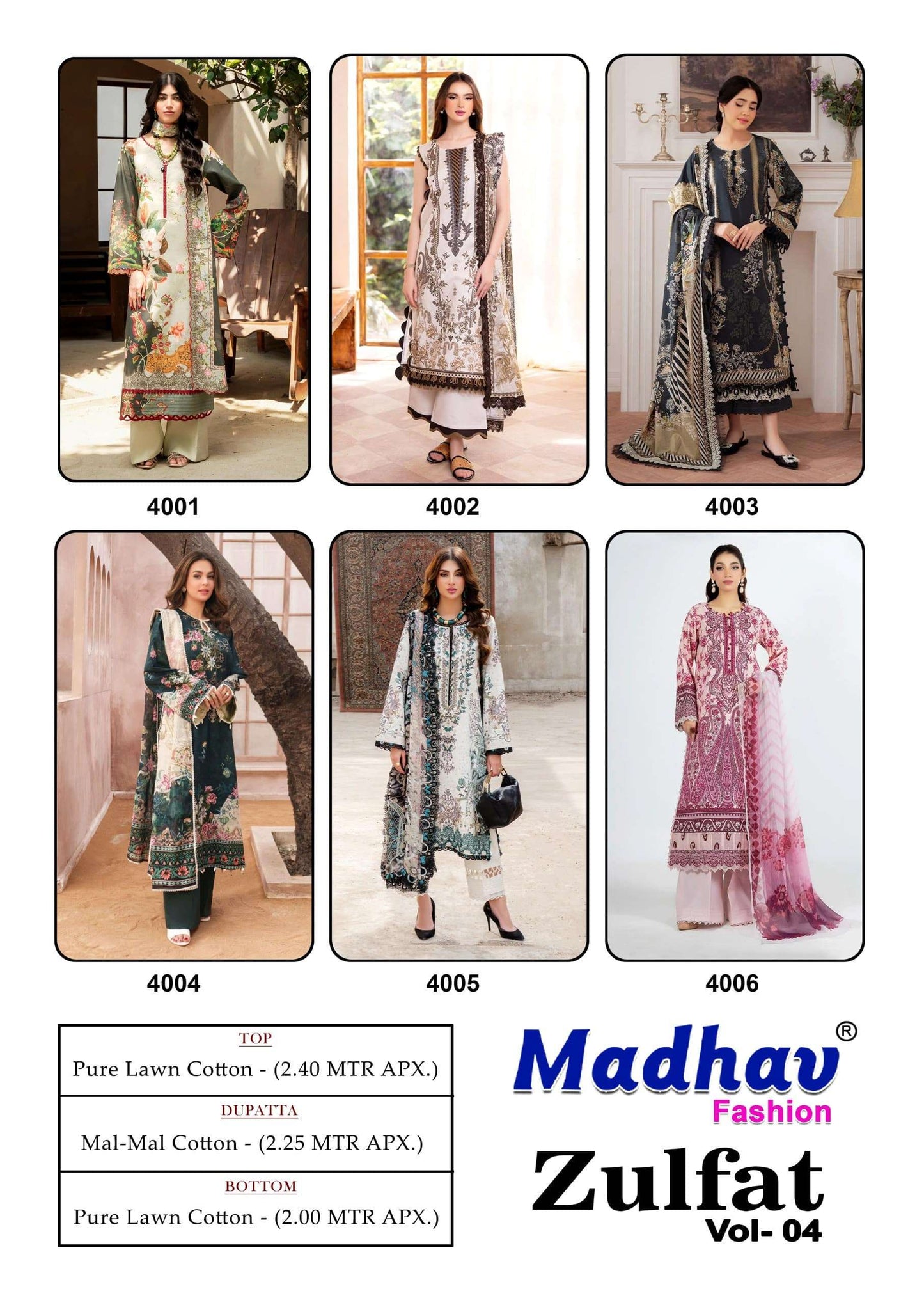 Madhav International Zulfat Vol 4 Pure Lawn Cotton Dress Material