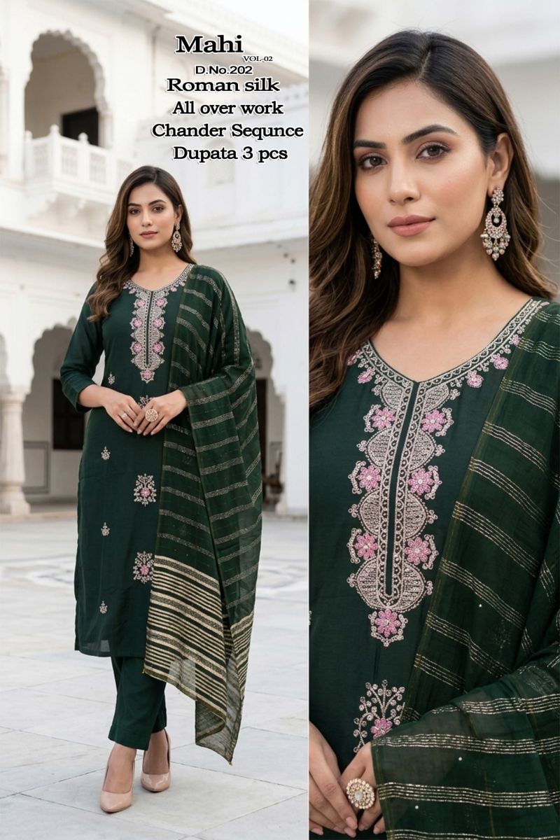 Mahi Vol 2 Roman Silk Kurti With Bottom & Dupatta