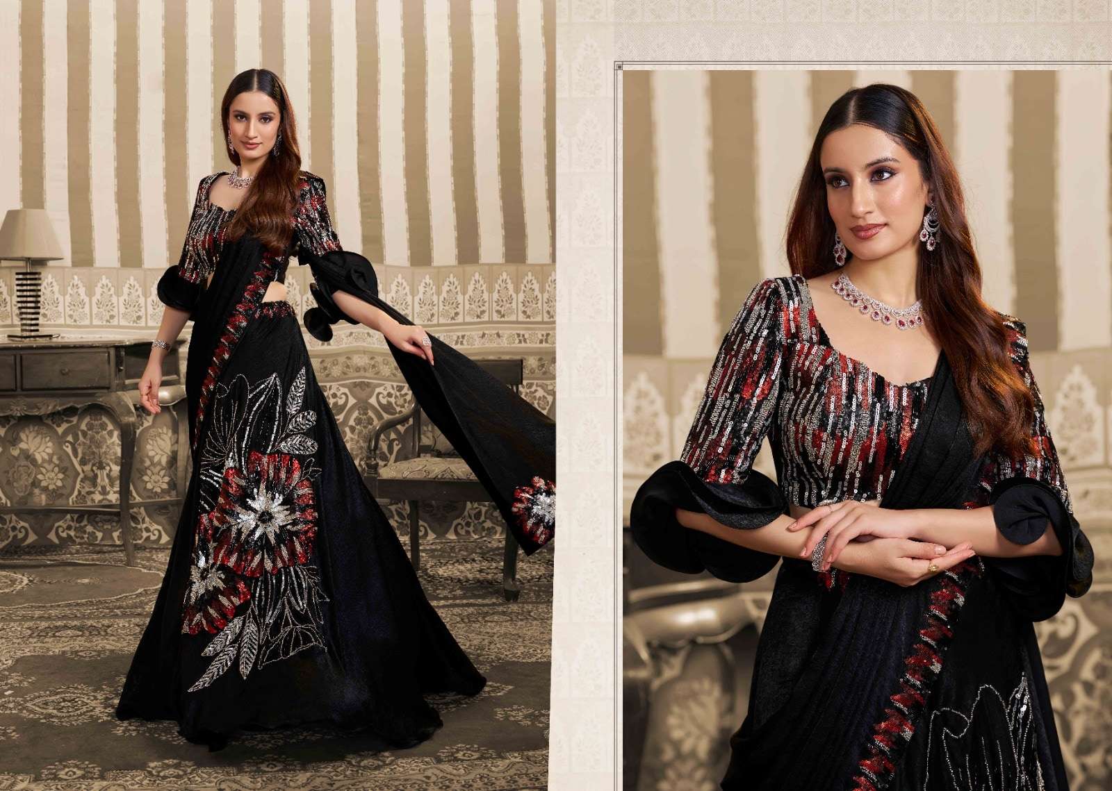 Mahotsav Mohmanthan 26400 Stella Foil Satin Embroidery Saree - Amrah Wholesale