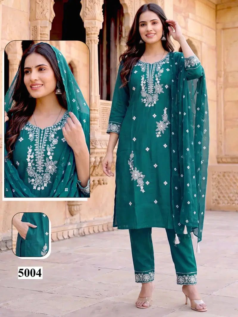 Malvika Vol 9 Roman Silk Sequence Embroidered Kurti Pant Organza Dupatta Set - Amrah Wholesale