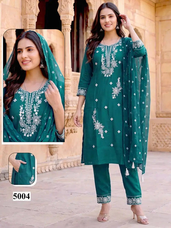 Malvika Vol 9 Roman Silk Sequence Embroidered Kurti Pant Organza Dupatta Set - Amrah Wholesale