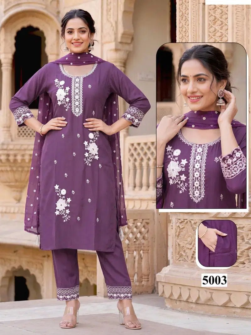 Malvika Vol 9 Roman Silk Sequence Embroidered Kurti Pant Organza Dupatta Set - Amrah Wholesale