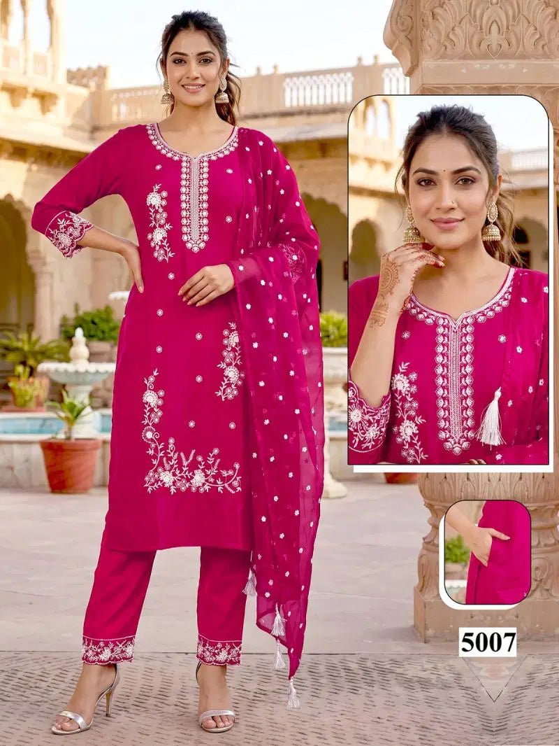Malvika Vol 9 Roman Silk Sequence Embroidered Kurti Pant Organza Dupatta Set - Amrah Wholesale