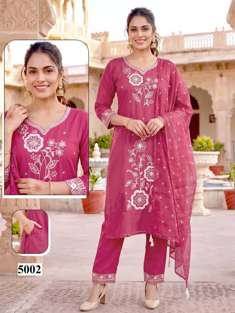 Malvika Vol 9 Roman Silk Sequence Embroidered Kurti Pant Organza Dupatta Set - Amrah Wholesale