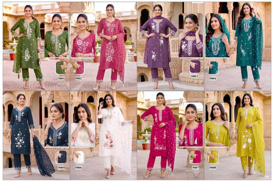 Malvika Vol 9 Roman Silk Sequence Embroidered Kurti Pant Organza Dupatta Set - Amrah Wholesale