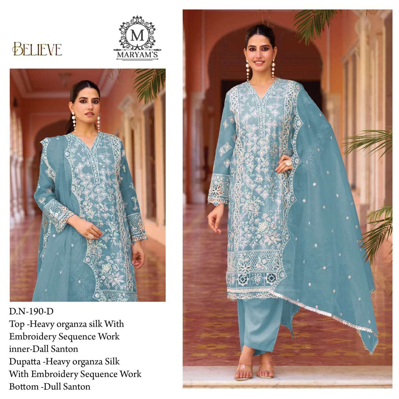 MARYAM'S -190 Heavy Organza Embroidery Semi Stitched Pakistani Suit