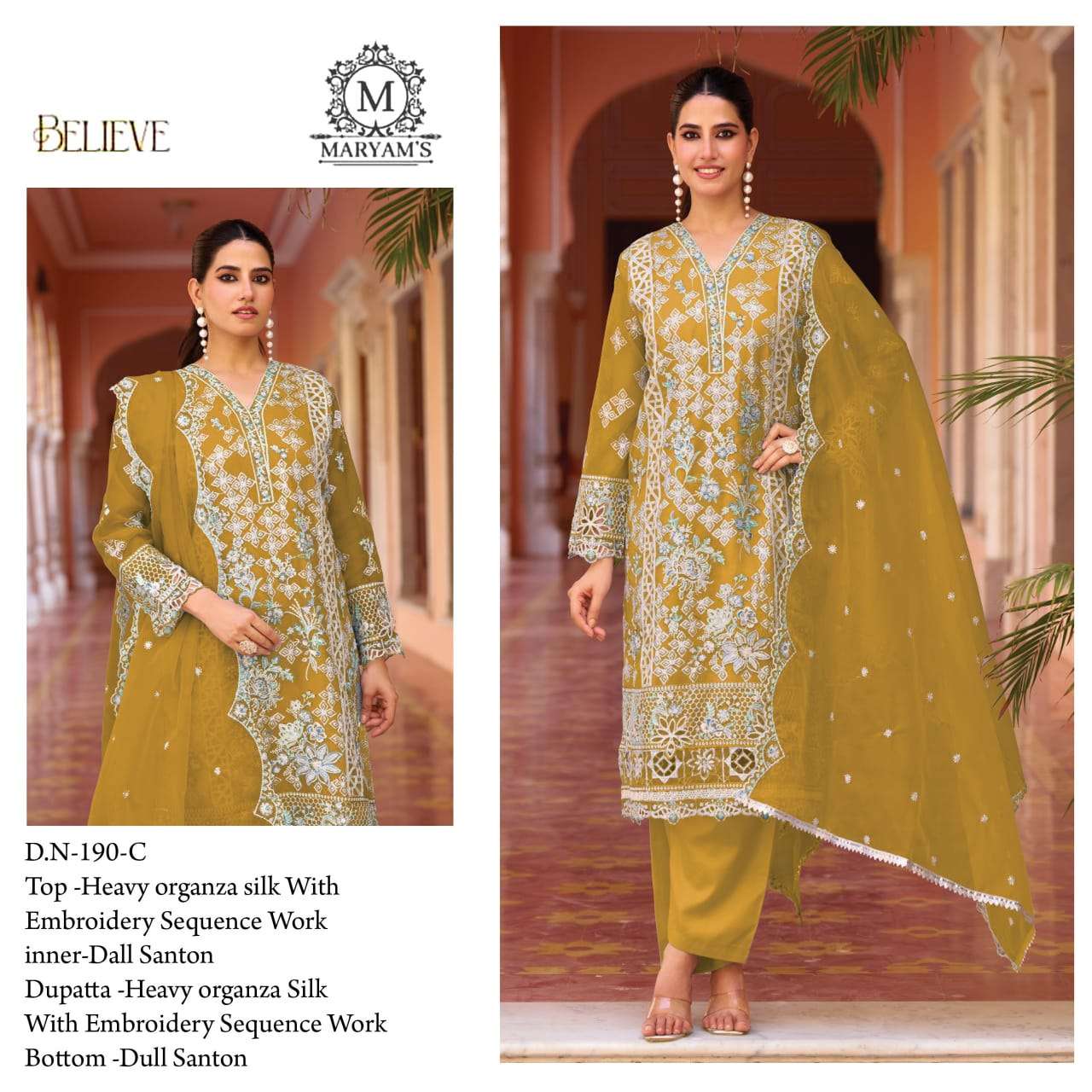MARYAM'S -190 Heavy Organza Embroidery Semi Stitched Pakistani Suit