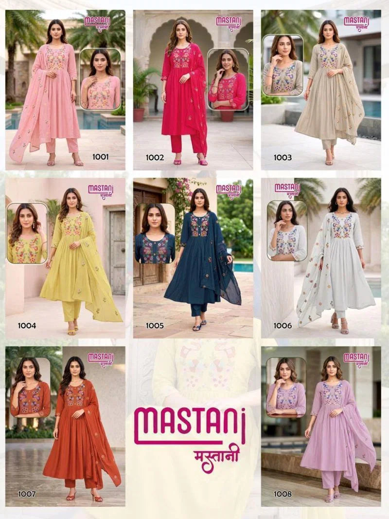 Mastani D No. 1001 to 1008 Mul Chanderi Embroidered Anarkali Suit Set
