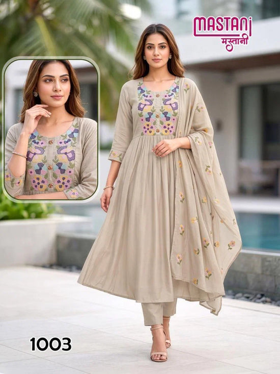 Mastani D No. 1001 to 1008 Mul Chanderi Embroidered Anarkali Suit Set