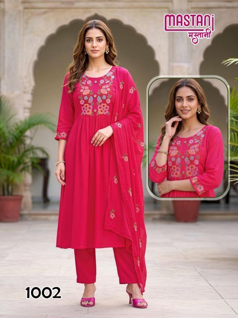 Mastani D No. 1001 to 1008 Mul Chanderi Embroidered Anarkali Suit Set - Amrah Wholesale