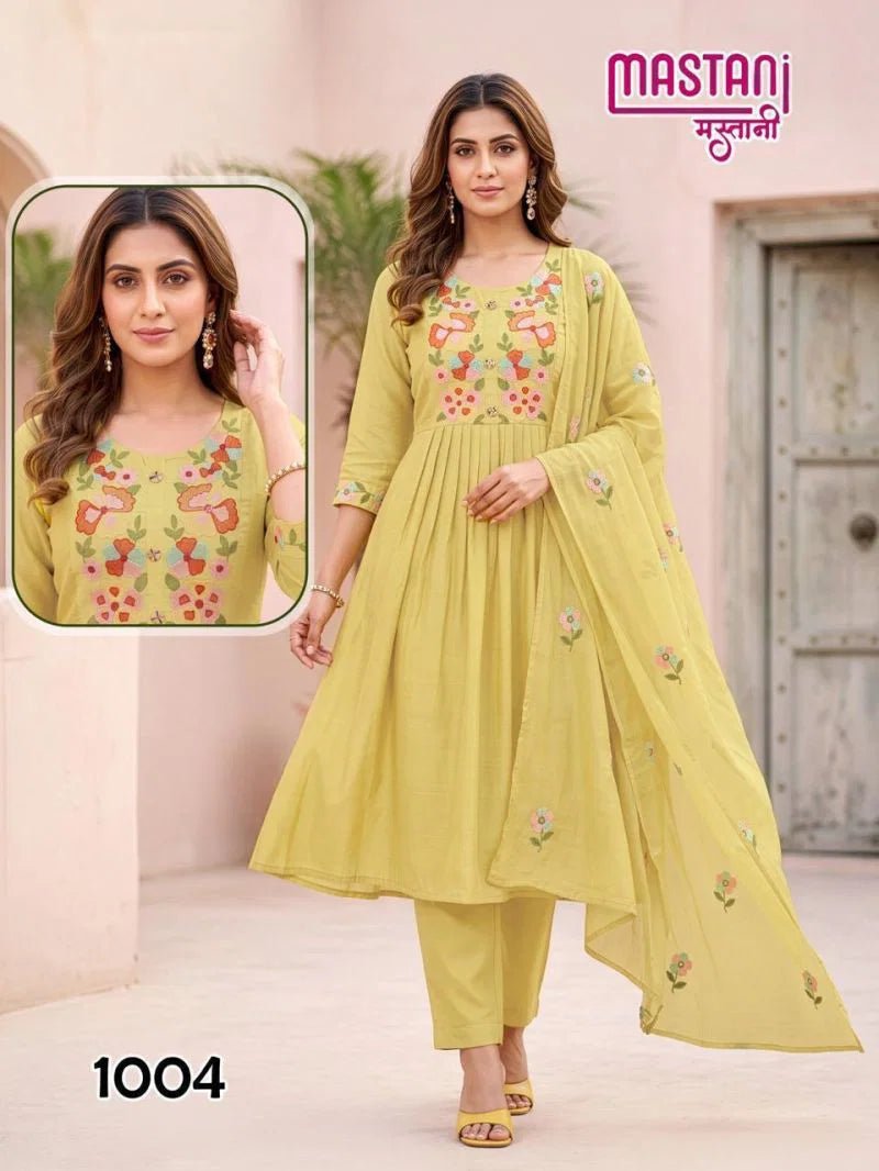 Mastani D No. 1001 to 1008 Mul Chanderi Embroidered Anarkali Suit Set - Amrah Wholesale