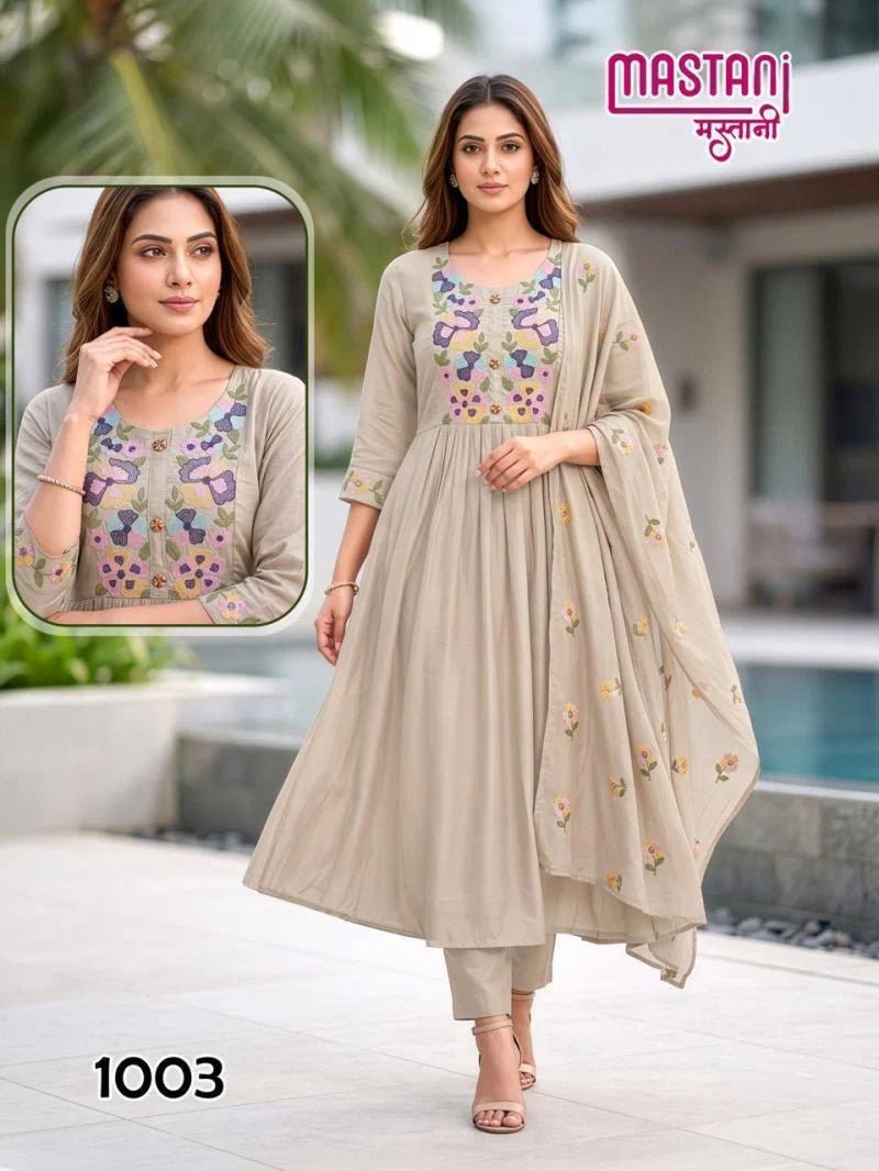 Mastani D No. 1001 to 1008 Mul Chanderi Embroidered Anarkali Suit Set - Amrah Wholesale