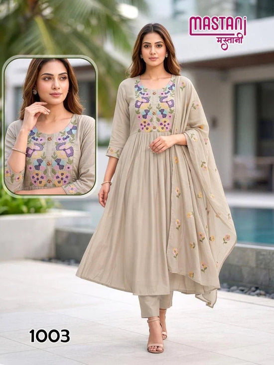 Mastani D No. 1001 to 1008 Mul Chanderi Embroidered Anarkali Suit Set - Amrah Wholesale