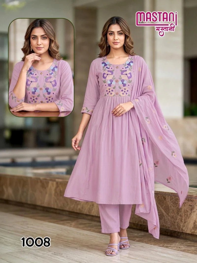 Mastani D No. 1001 to 1008 Mul Chanderi Embroidered Anarkali Suit Set - Amrah Wholesale