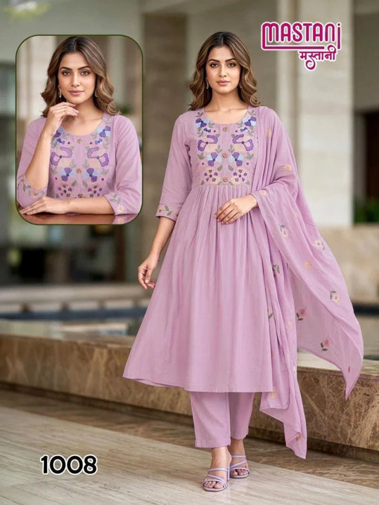 Mastani D No. 1001 to 1008 Mul Chanderi Embroidered Anarkali Suit Set - Amrah Wholesale