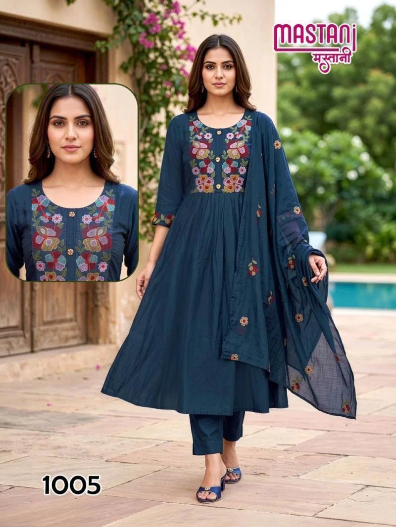Mastani D No. 1001 to 1008 Mul Chanderi Embroidered Anarkali Suit Set - Amrah Wholesale