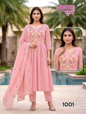 Mastani D No. 1001 to 1008 Mul Chanderi Embroidered Anarkali Suit Set - Amrah Wholesale
