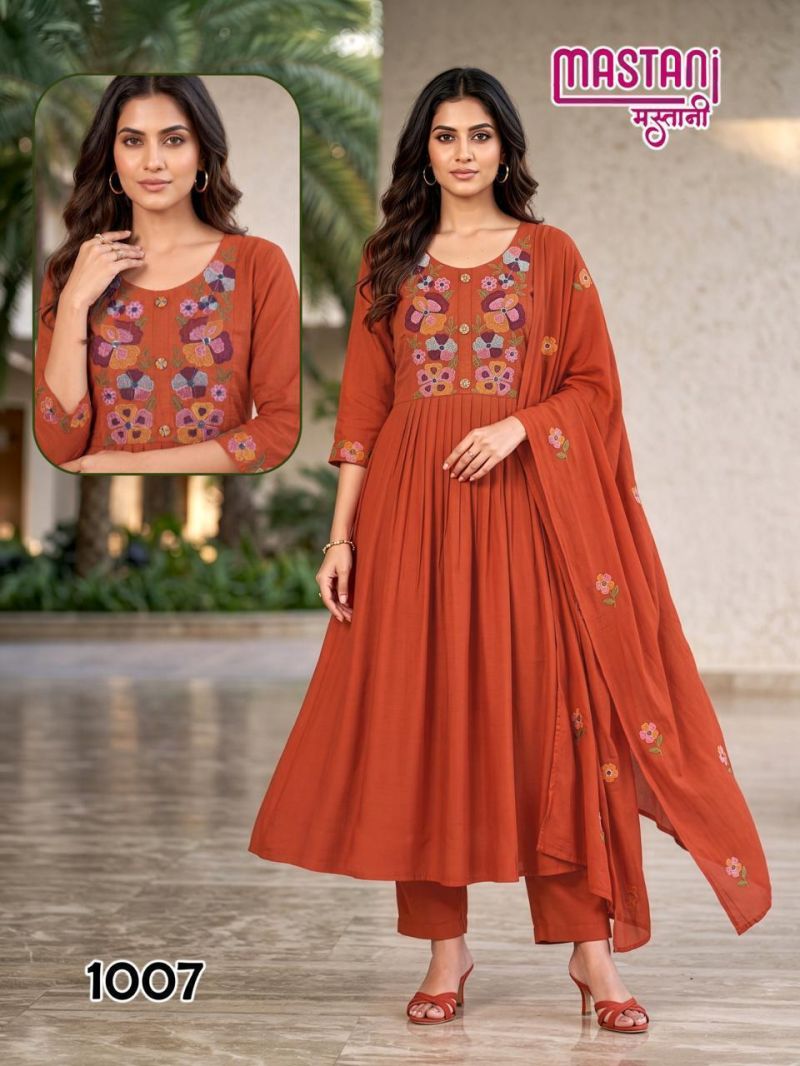 Mastani D No. 1001 to 1008 Mul Chanderi Embroidered Anarkali Suit Set - Amrah Wholesale