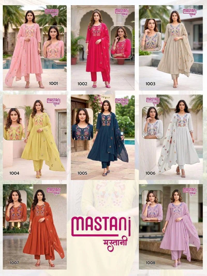 Mastani D No. 1001 to 1008 Mul Chanderi Embroidered Anarkali Suit Set - Amrah Wholesale
