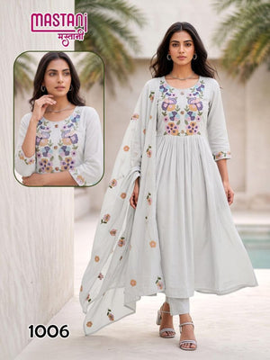 Mastani D No. 1001 to 1008 Mul Chanderi Embroidered Anarkali Suit Set - Amrah Wholesale