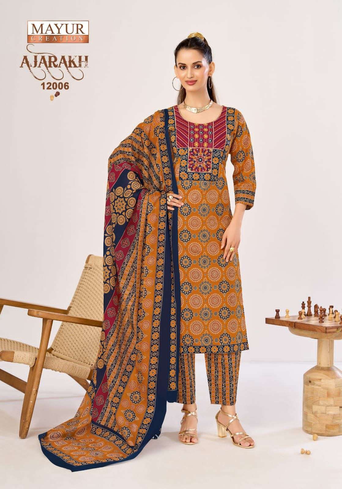 Mayur Creation Ajarakh Vol 12 Pure Cotton Printed Kurti Pant Dupatta Set