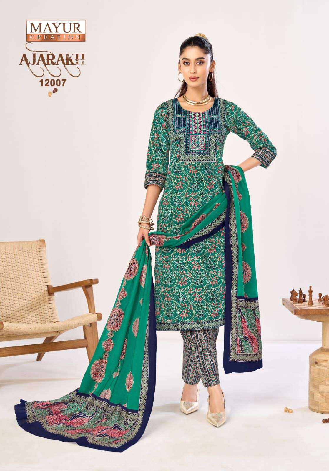 Mayur Creation Ajarakh Vol 12 Pure Cotton Printed Kurti Pant Dupatta Set - Amrah Wholesale