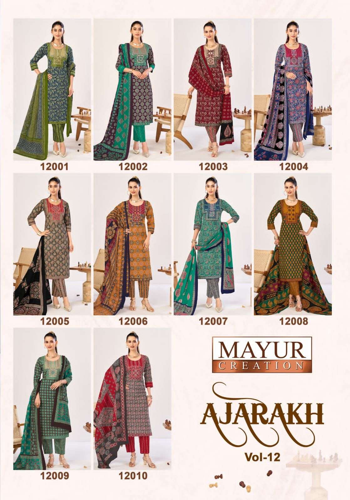 Mayur Creation Ajarakh Vol 12 Pure Cotton Printed Kurti Pant Dupatta Set - Amrah Wholesale