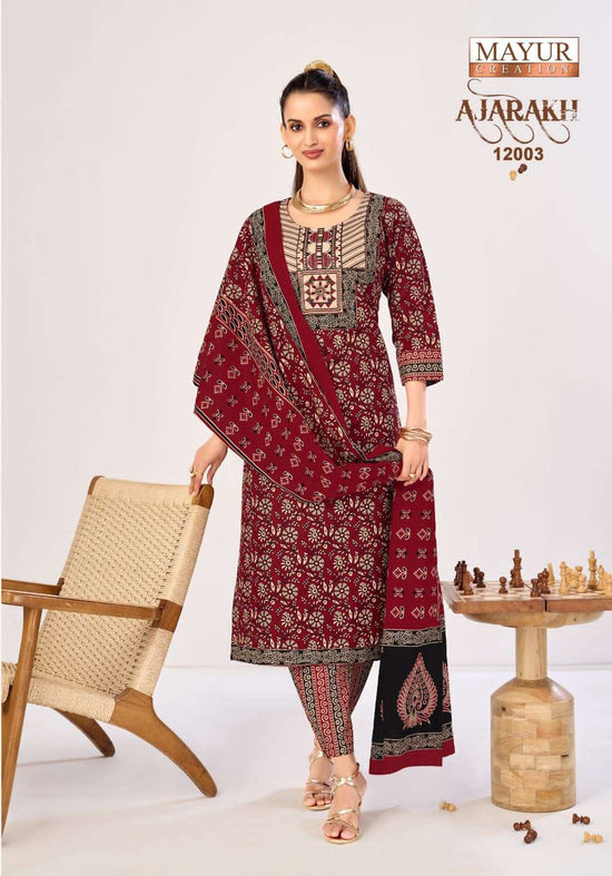 Mayur Creation Ajarakh Vol 12 Pure Cotton Printed Kurti Pant Dupatta Set - Amrah Wholesale
