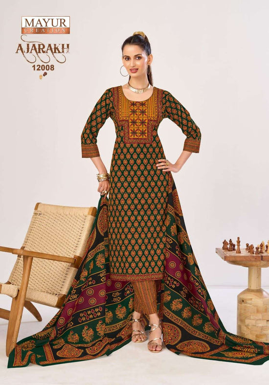 Mayur Creation Ajarakh Vol 12 Pure Cotton Printed Kurti Pant Dupatta Set - Amrah Wholesale