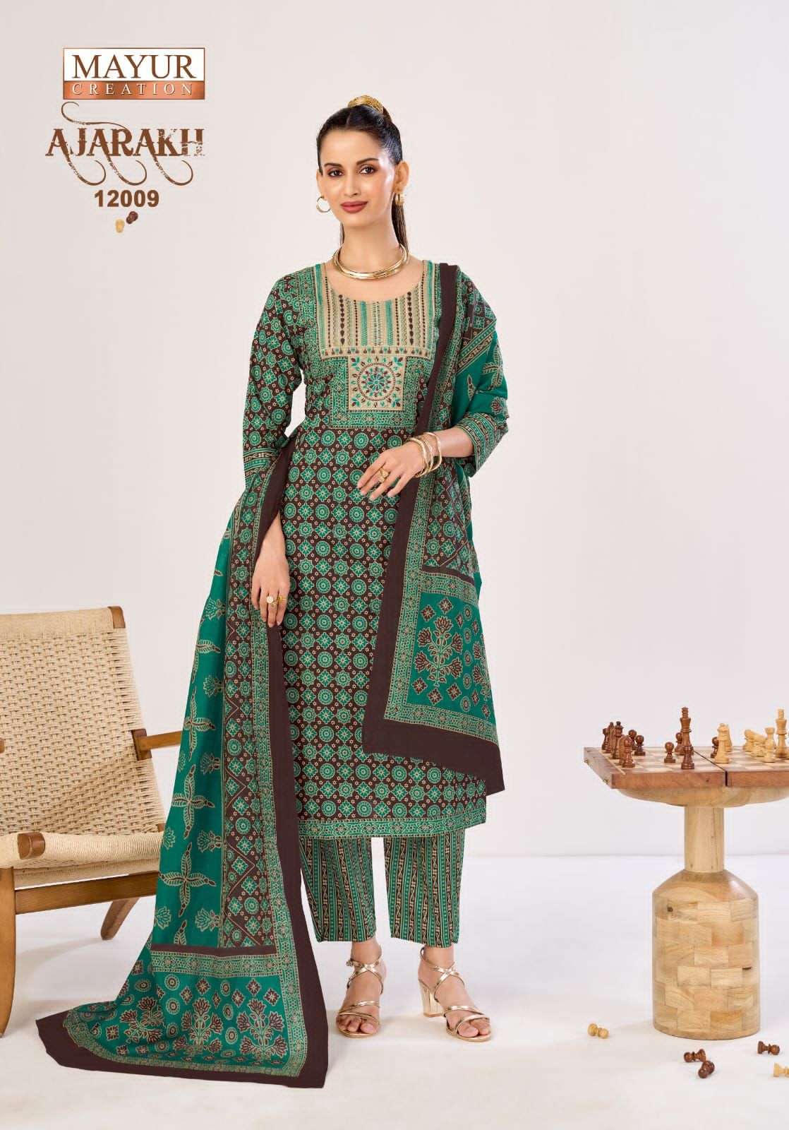 Mayur Creation Ajarakh Vol 12 Pure Cotton Printed Kurti Pant Dupatta Set - Amrah Wholesale