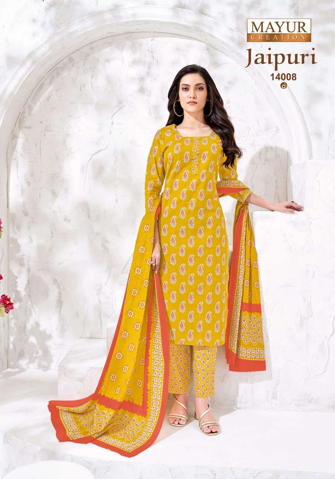 Mayur Creation Jaipuri Vol 14 Pure Cotton Printed Kurti Pant Dupatta Set