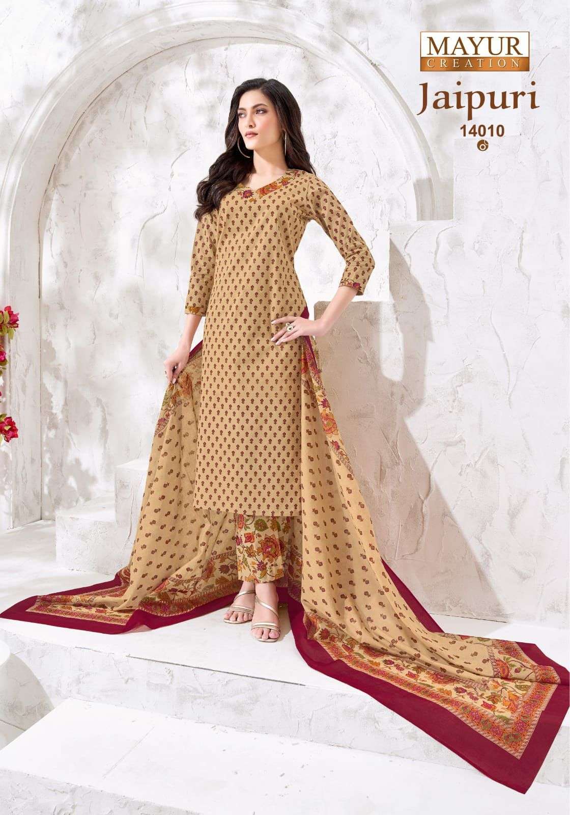 Mayur Creation Jaipuri Vol 14 Pure Cotton Printed Kurti Pant Dupatta Set