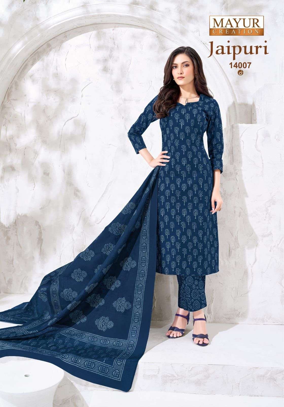 Mayur Creation Jaipuri Vol 14 Pure Cotton Printed Kurti Pant Dupatta Set