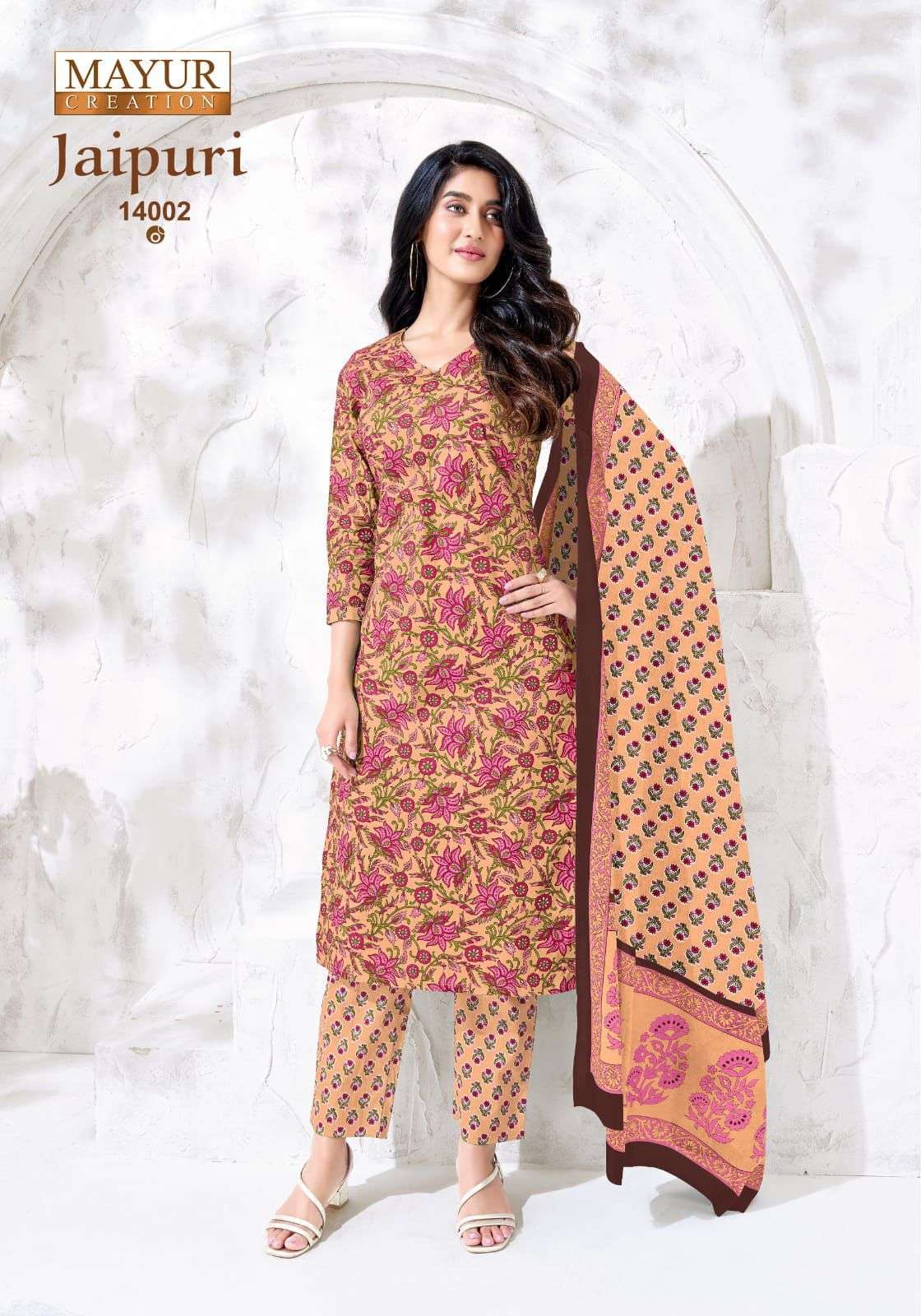 Mayur Creation Jaipuri Vol 14 Pure Cotton Printed Kurti Pant Dupatta Set