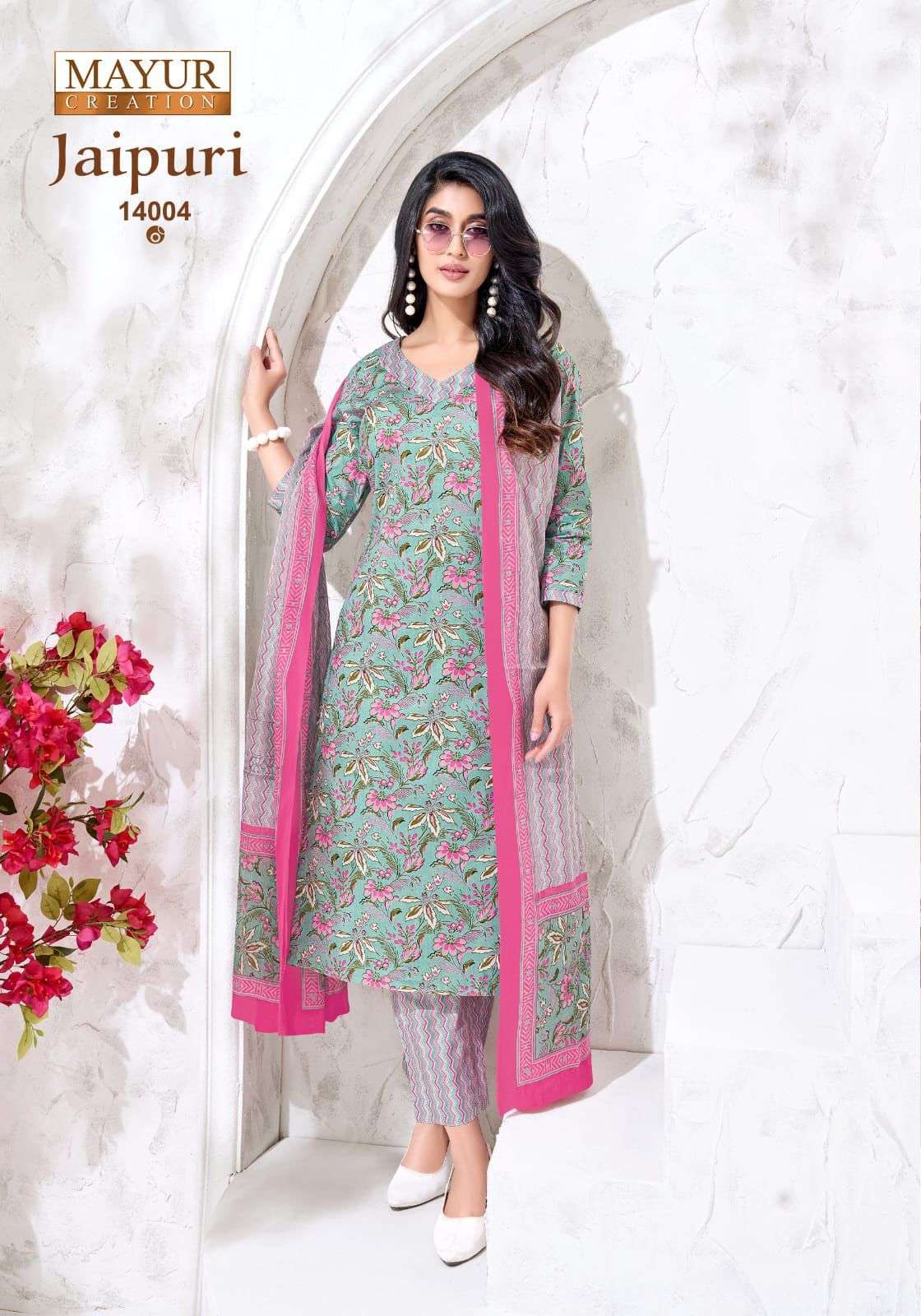 Mayur Creation Jaipuri Vol 14 Pure Cotton Printed Kurti Pant Dupatta Set