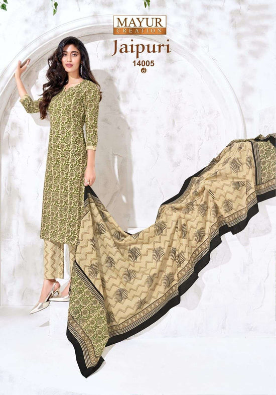 Mayur Creation Jaipuri Vol 14 Pure Cotton Printed Kurti Pant Dupatta Set