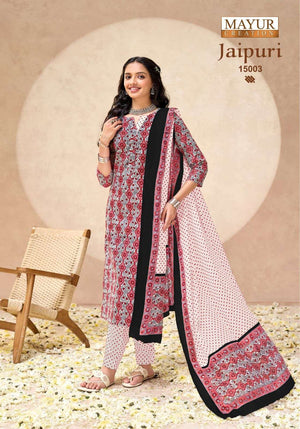 Mayur Creation Jaipuri Vol 15 Printed Cotton Kurti Pant Dupatta Set
