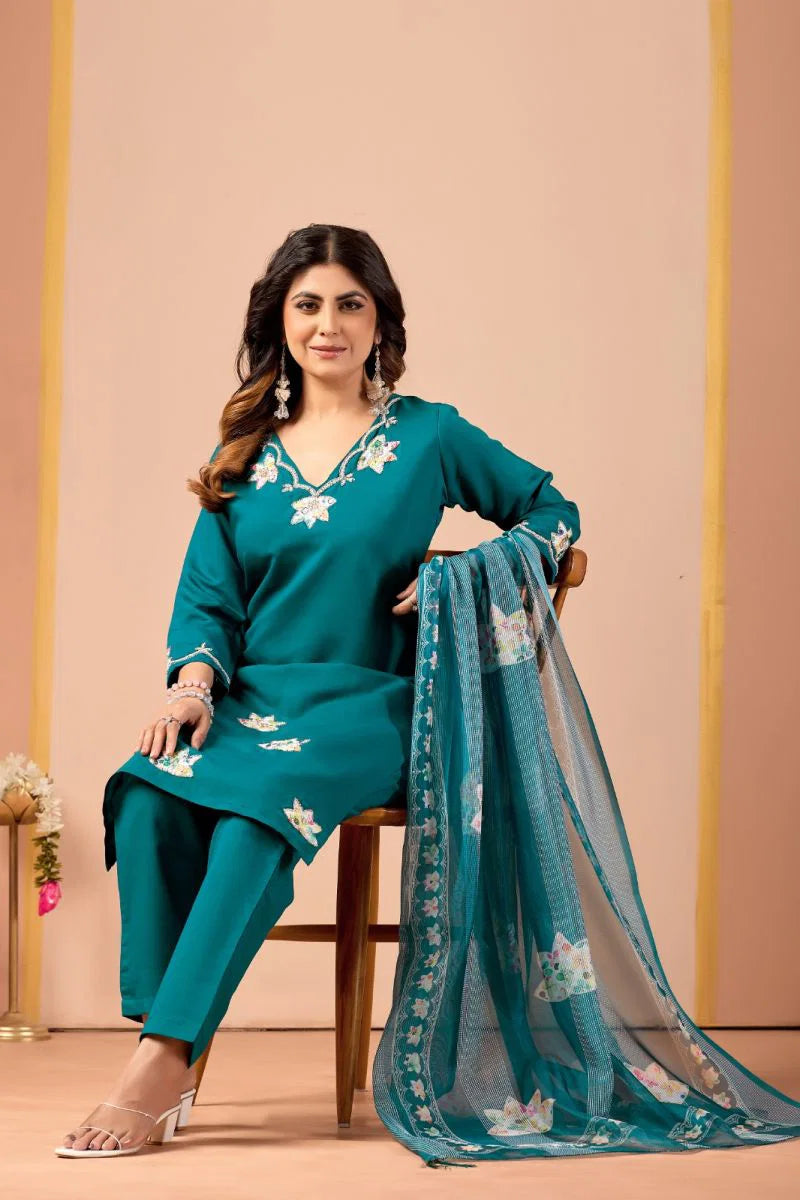 MD 111 Roman Silk Handworked Kurti With Bottom Dupatta Full Catalog