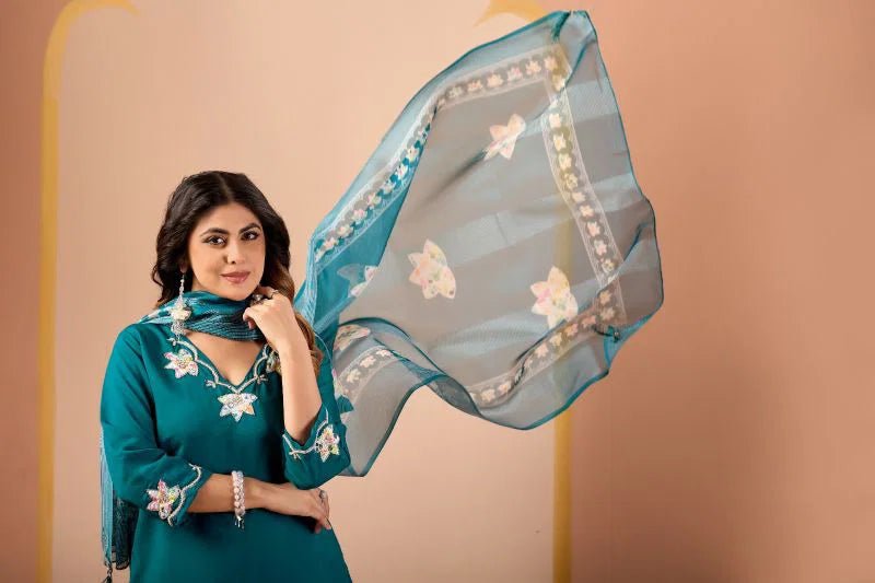 MD 111 Roman Silk Handworked Kurti With Bottom Dupatta Full Catalog