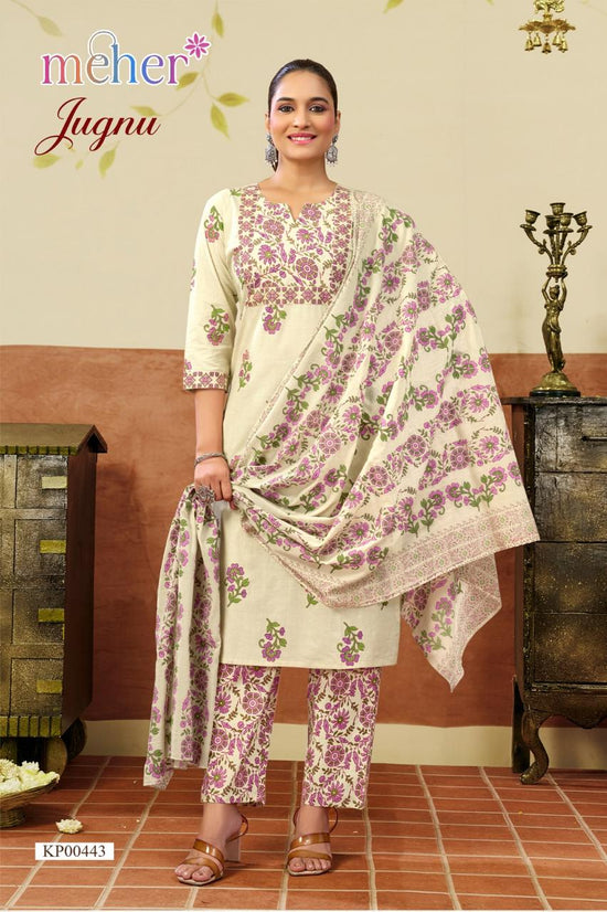 Meher Jugnu Cambric Cotton Kurti Pant Dupatta Set - Amrah Wholesale